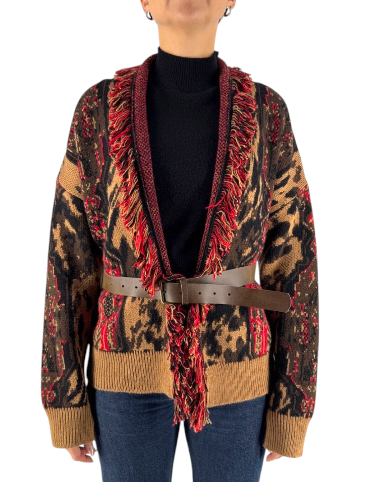 Front Street Cardigan Jacquard donna leopardato con cintura - vista frontale