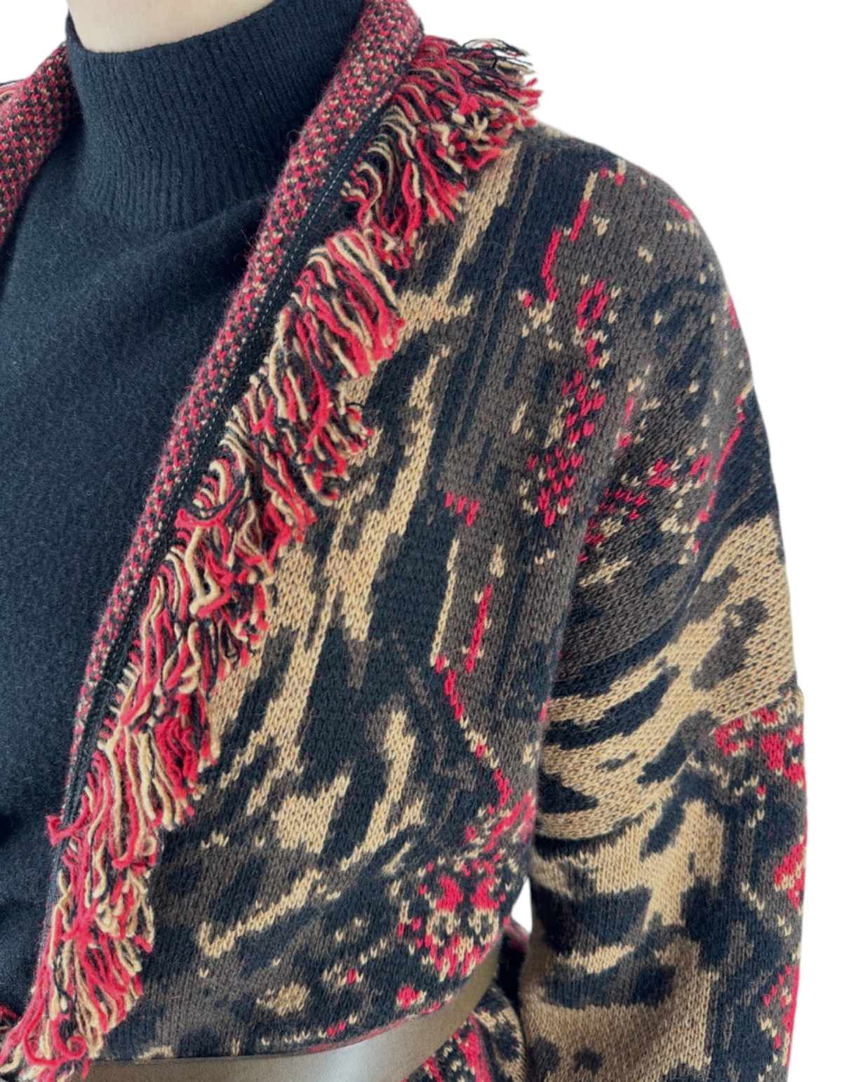 Front Street Cardigan Jacquard donna con frange rosse e cintura coordinata