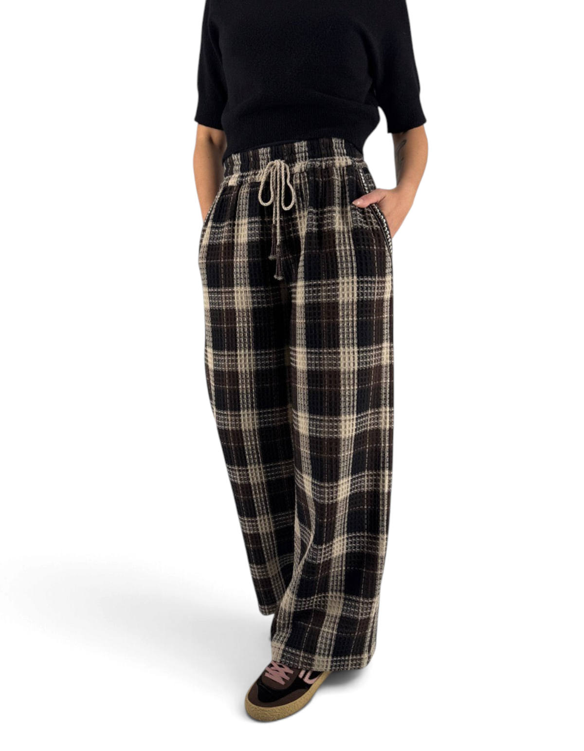 Front Street Pantalone Waffle Ricamato donna a quadri marrone e crema - vista frontale