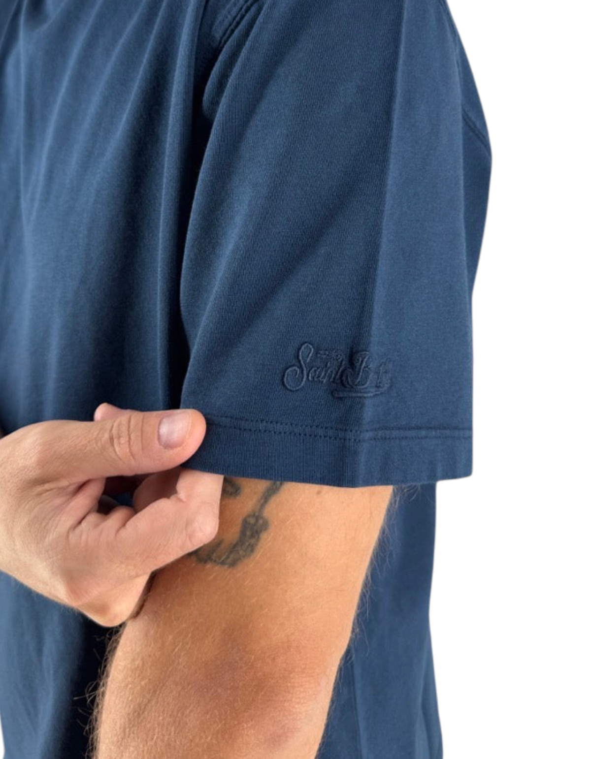 T-shirt uomo DevidLabel Johnny Raw in cotone blu navy con logo ricamato tono su tono sulla manica