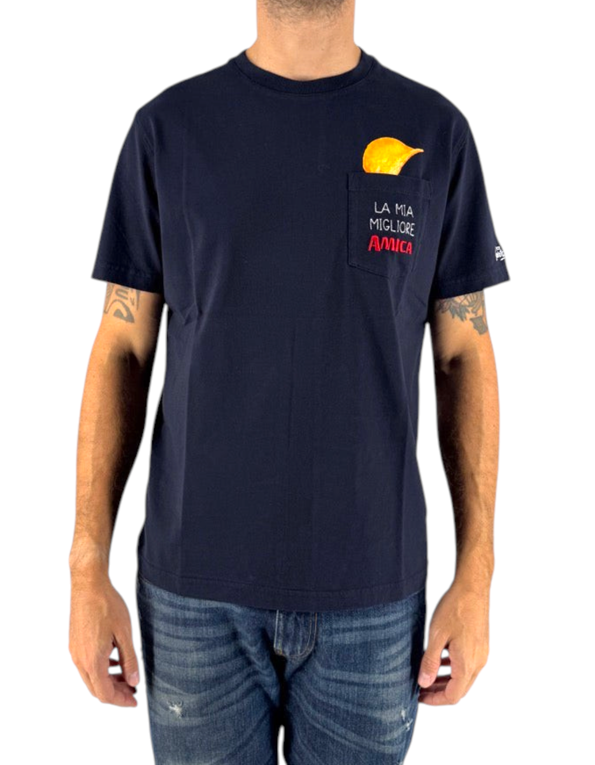 T-shirt uomo DevidLabel modello Connor blu navy in cotone con taschino e grafica Amica Chips