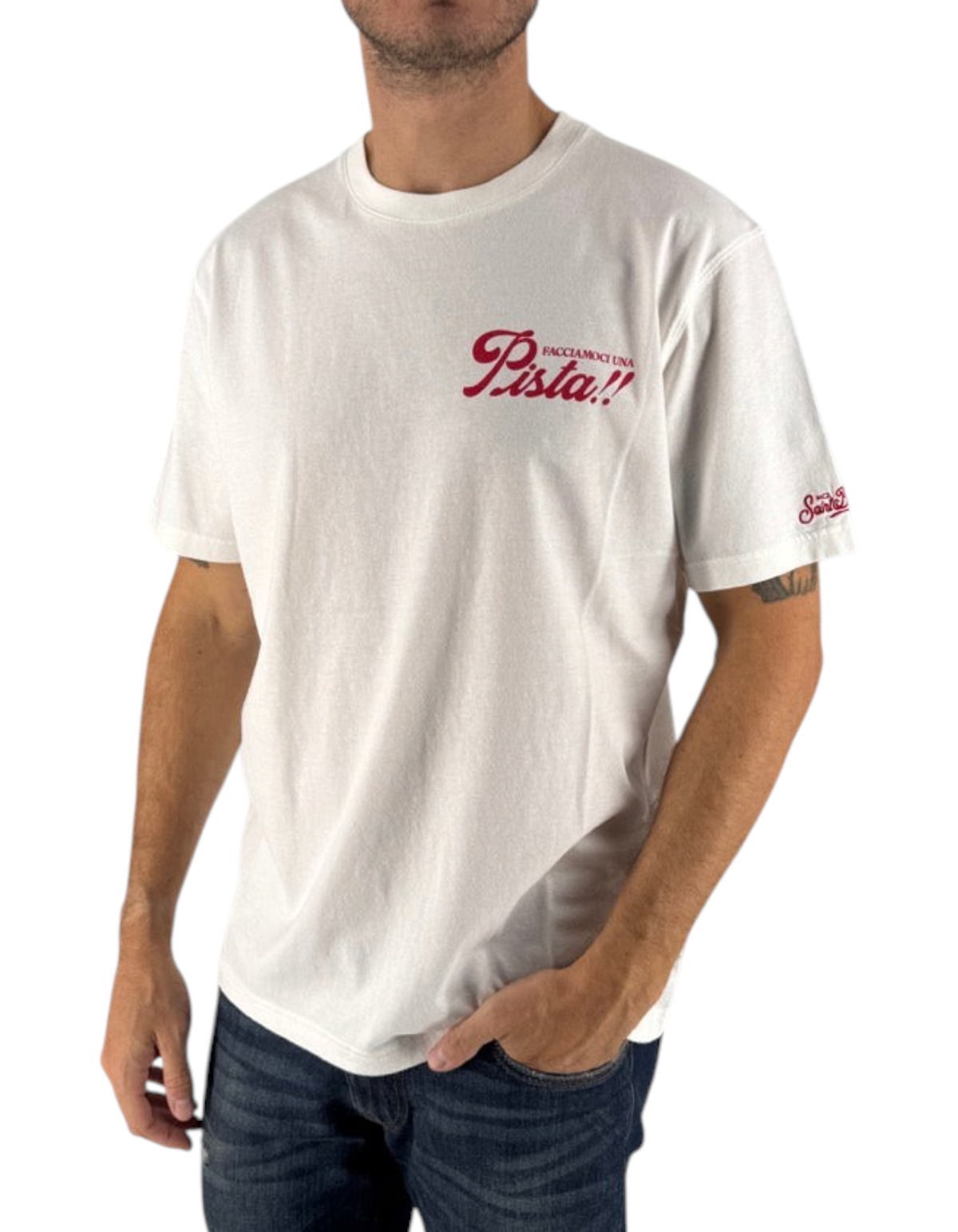 T-shirt uomo DevidLabel MC2 Saint Barth Arnott Warm bianca in cotone con scritta rossa Facciamoci Pista sul petto