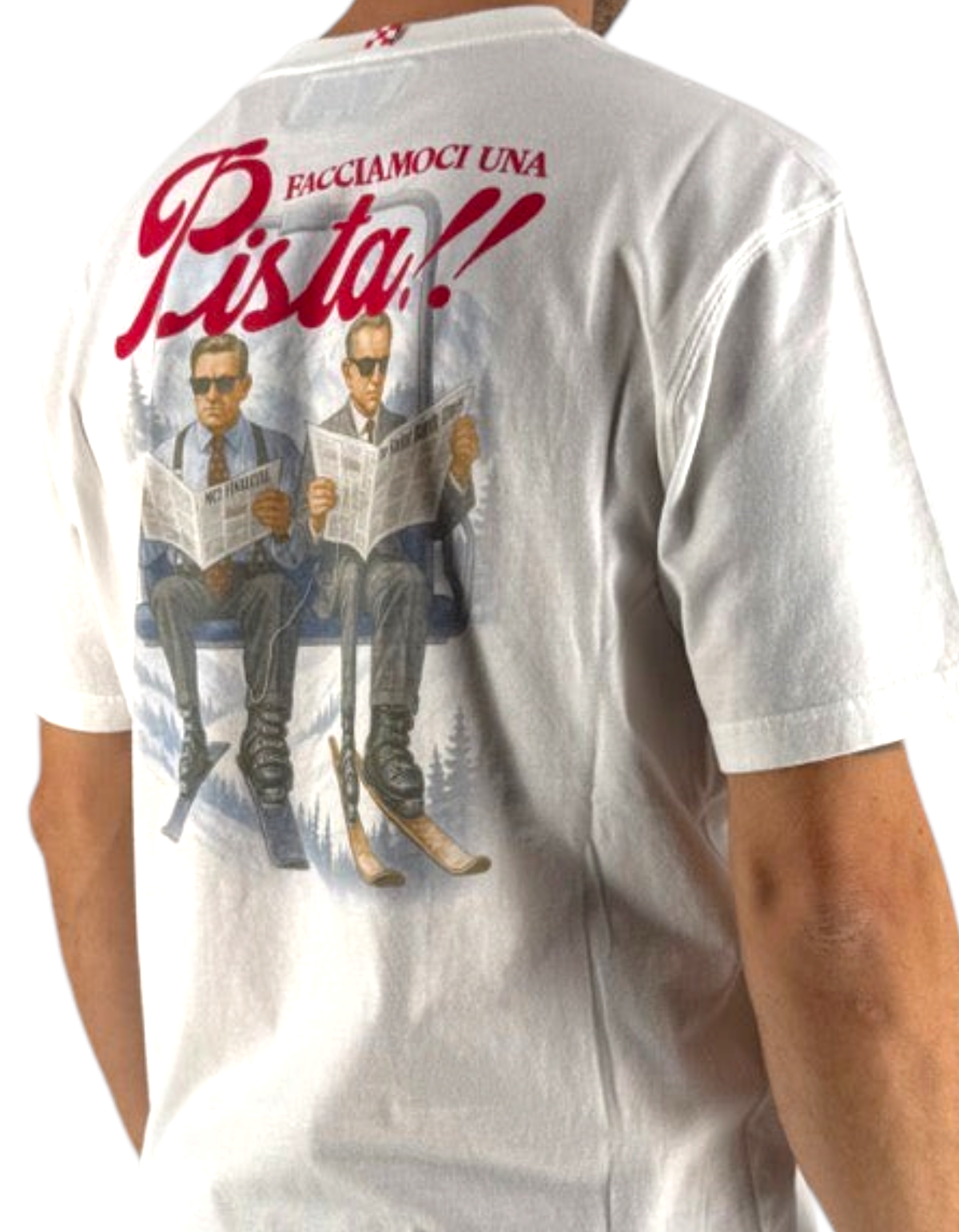 T-shirt uomo DevidLabel Arnott Warm bianca in cotone con stampa grafica sciistica sul retro