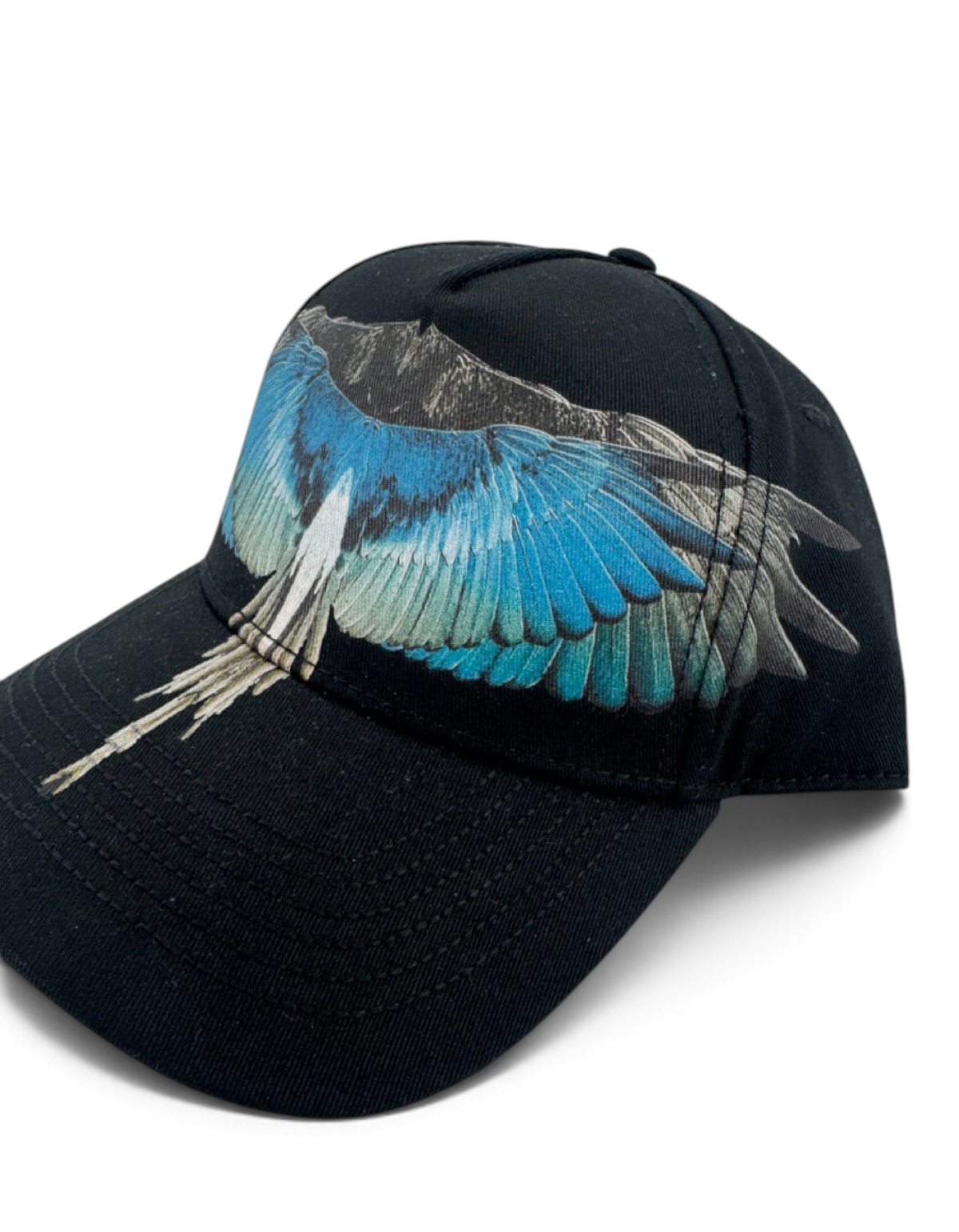 Cappellino baseball DevidLabel in cotone nero con stampa ali turchesi, modello N0011 di Marcelo Burlon