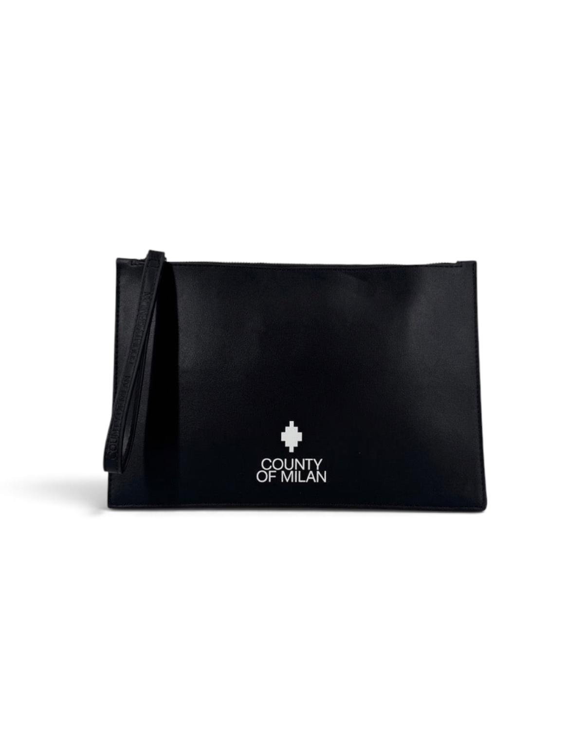 Pochette DevidLabel Marcelo Burlon - County Of Milan in pelle liscia nera con logo bianco e cinturino da polso