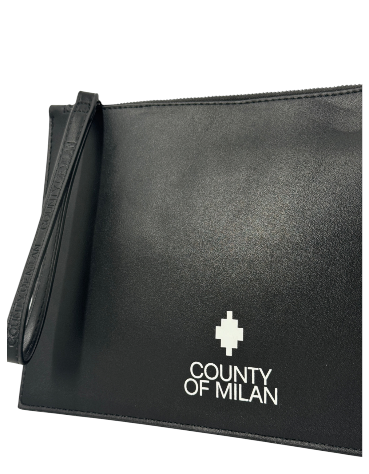 Pochette DevidLabel Marcelo Burlon - County Of Milan in pelle nera con logo bianco e cinturino da polso