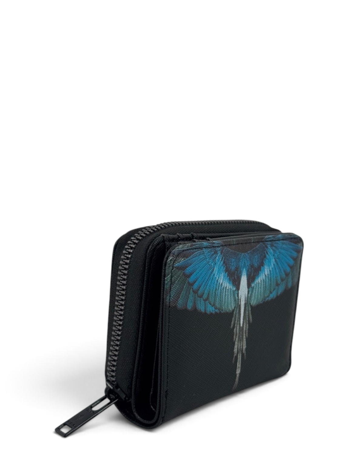 Mini portafoglio DevidLabel Marcelo Burlon - County Of Milan in pelle Saffiano nera con stampa ali turchesi