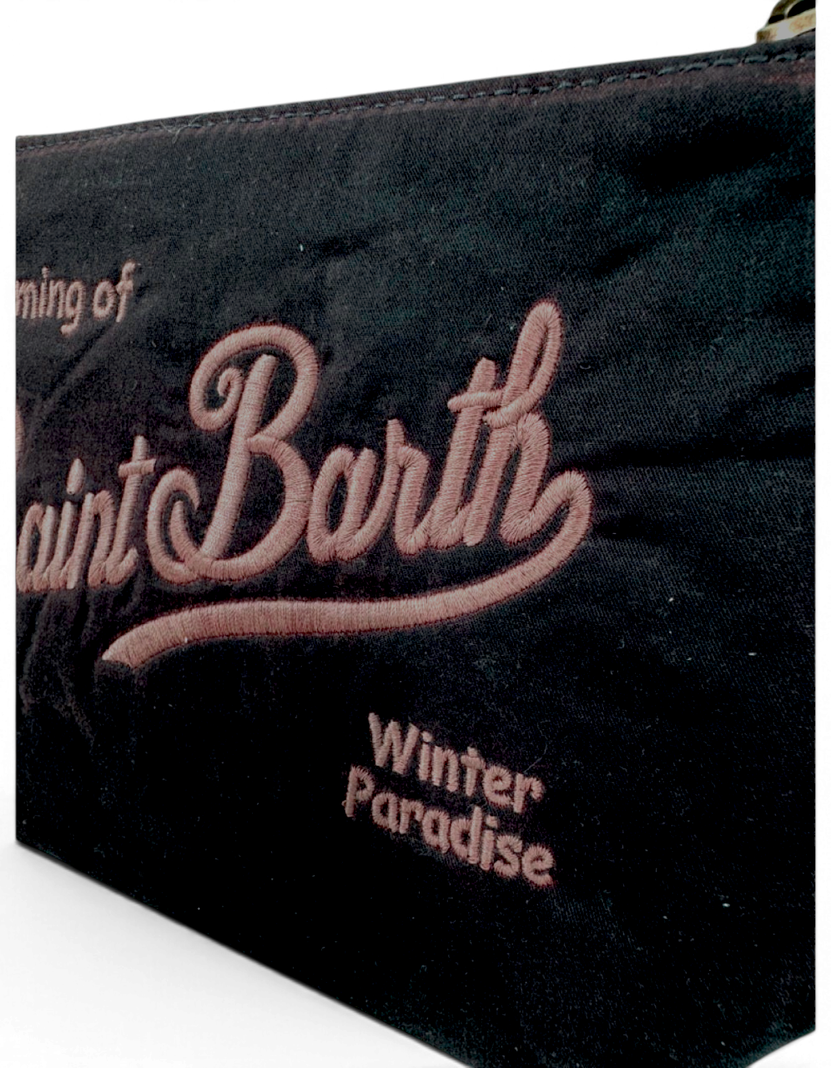 Pochette DevidLabel Aline Wax 18 Emb nera con logo Saint Barth ricamato in oro e finitura cerata