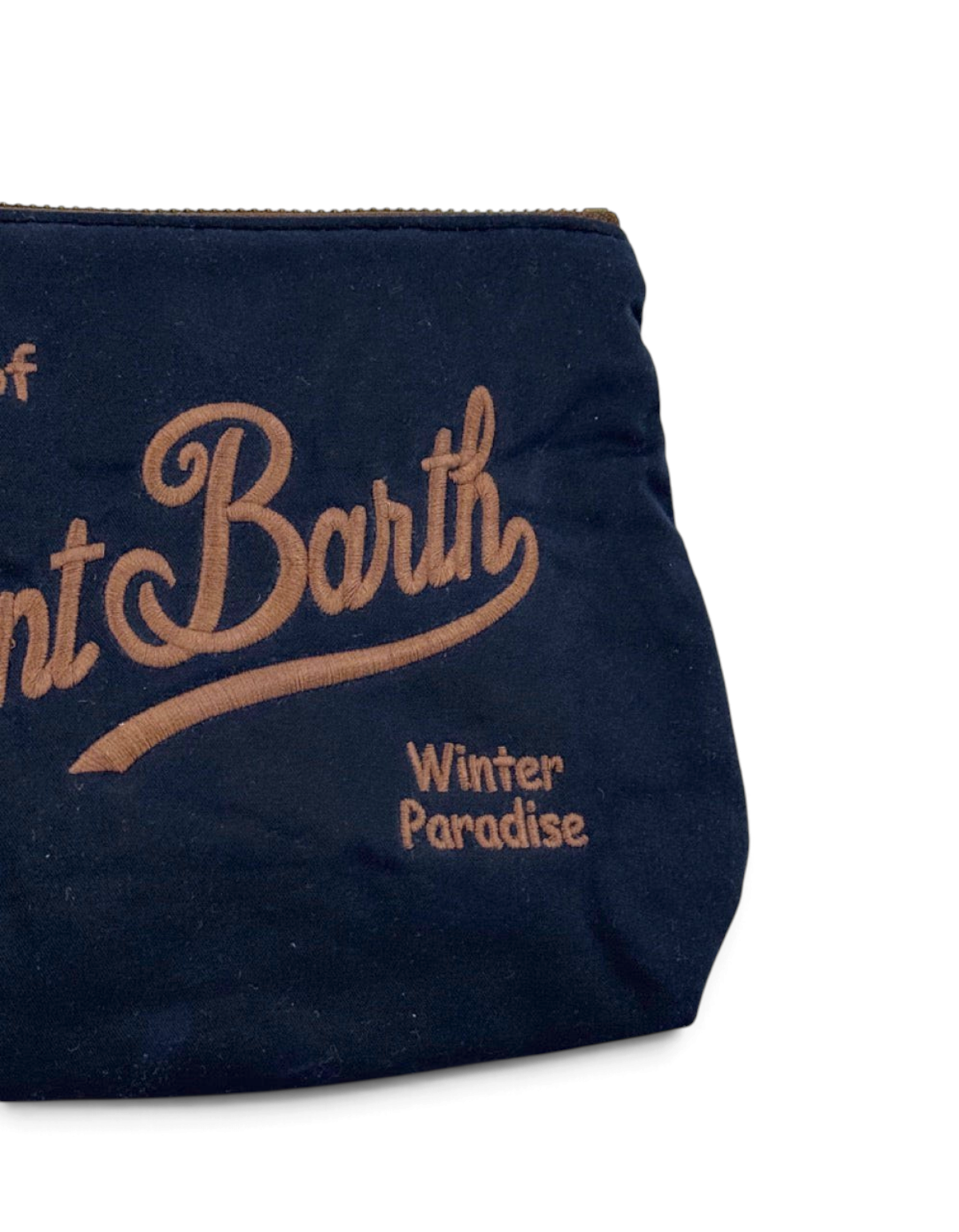 Pochette DevidLabel MC2 Saint Barth Aline Wax blu scuro con logo ricamato marrone e scritta Winter Paradise