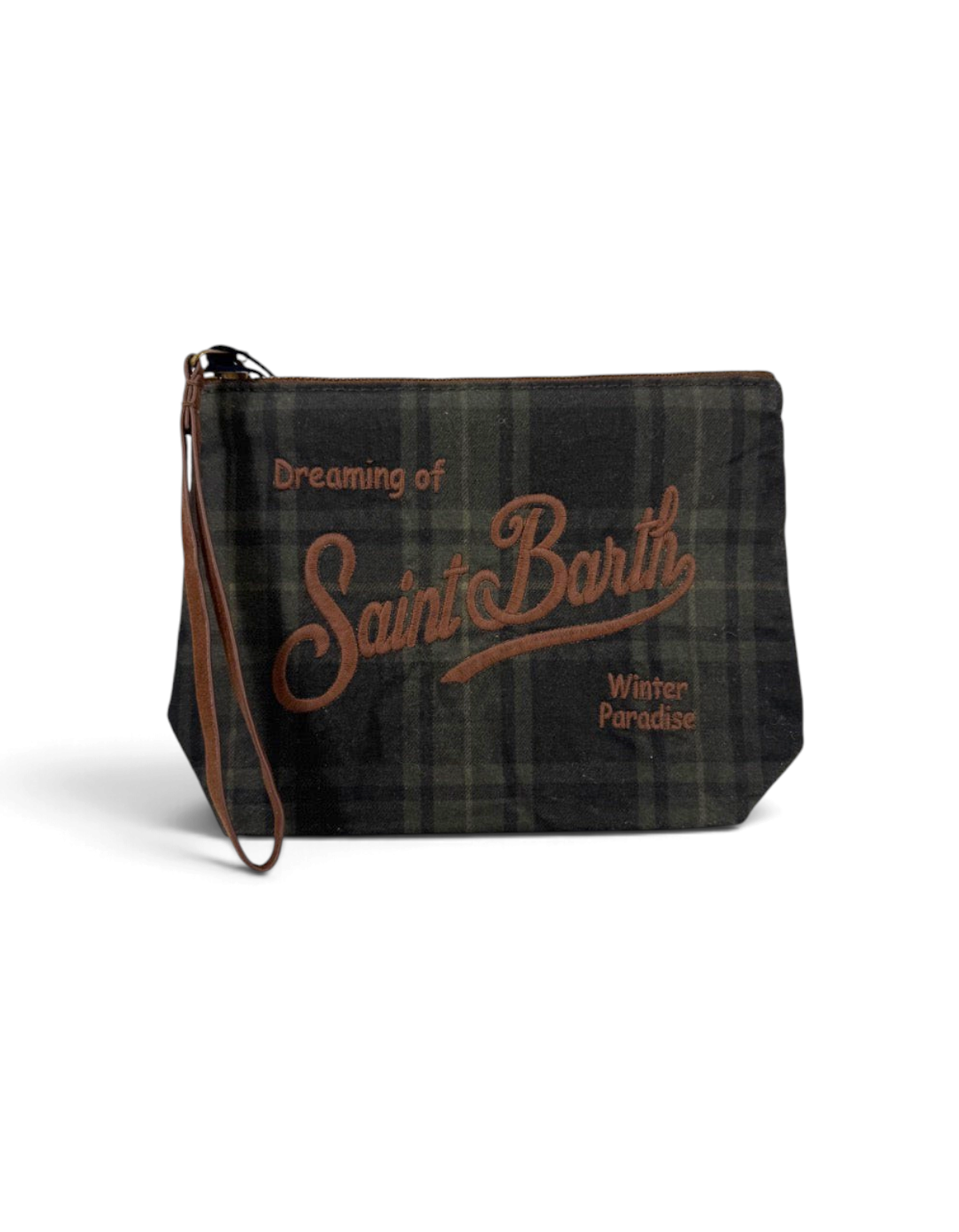 Pochette DevidLabel Aline Wax Scott Tartan 52 Emb in tessuto scozzese scuro con logo ricamato e cinturino da polso