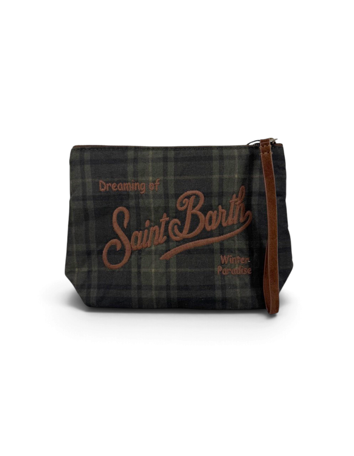 Pochette DevidLabel Aline Wax in tessuto tartan scuro con logo Saint Barth ricamato e tirante in pelle marrone