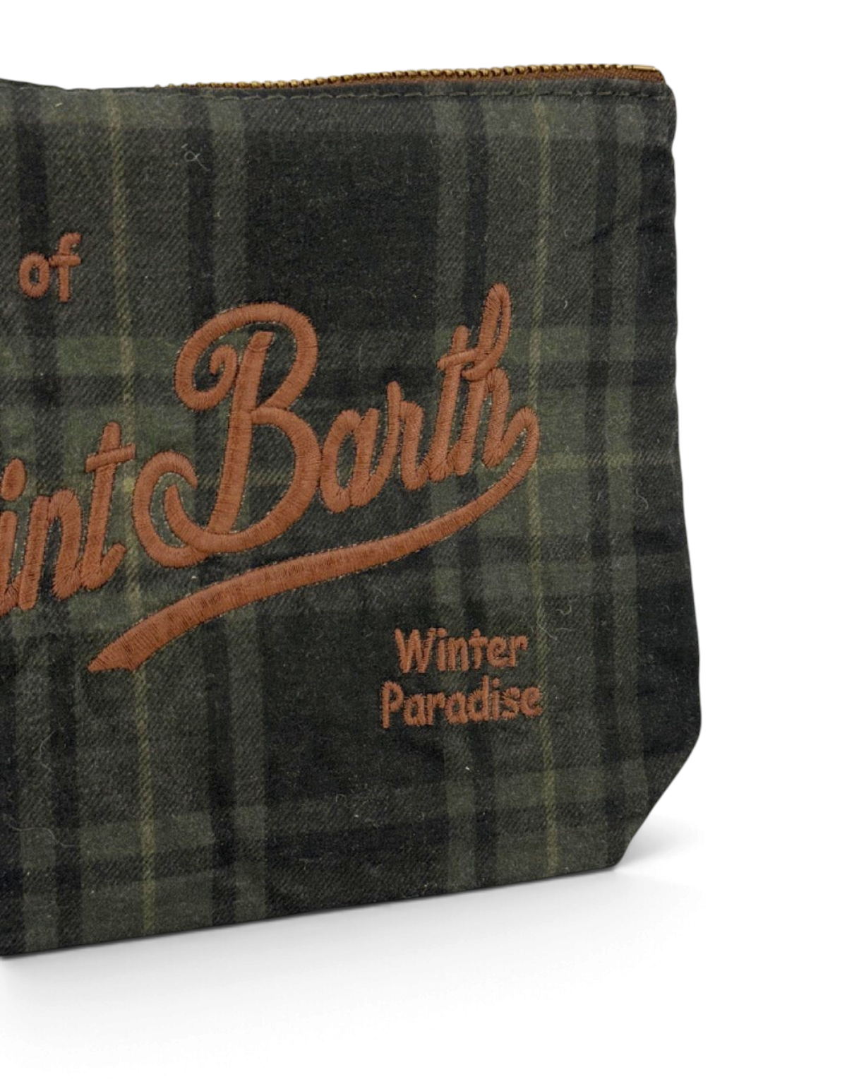 Pochette DevidLabel MC2 Saint Barth Aline Wax in tessuto scozzese verde e nero con logo ricamato e chiusura zip