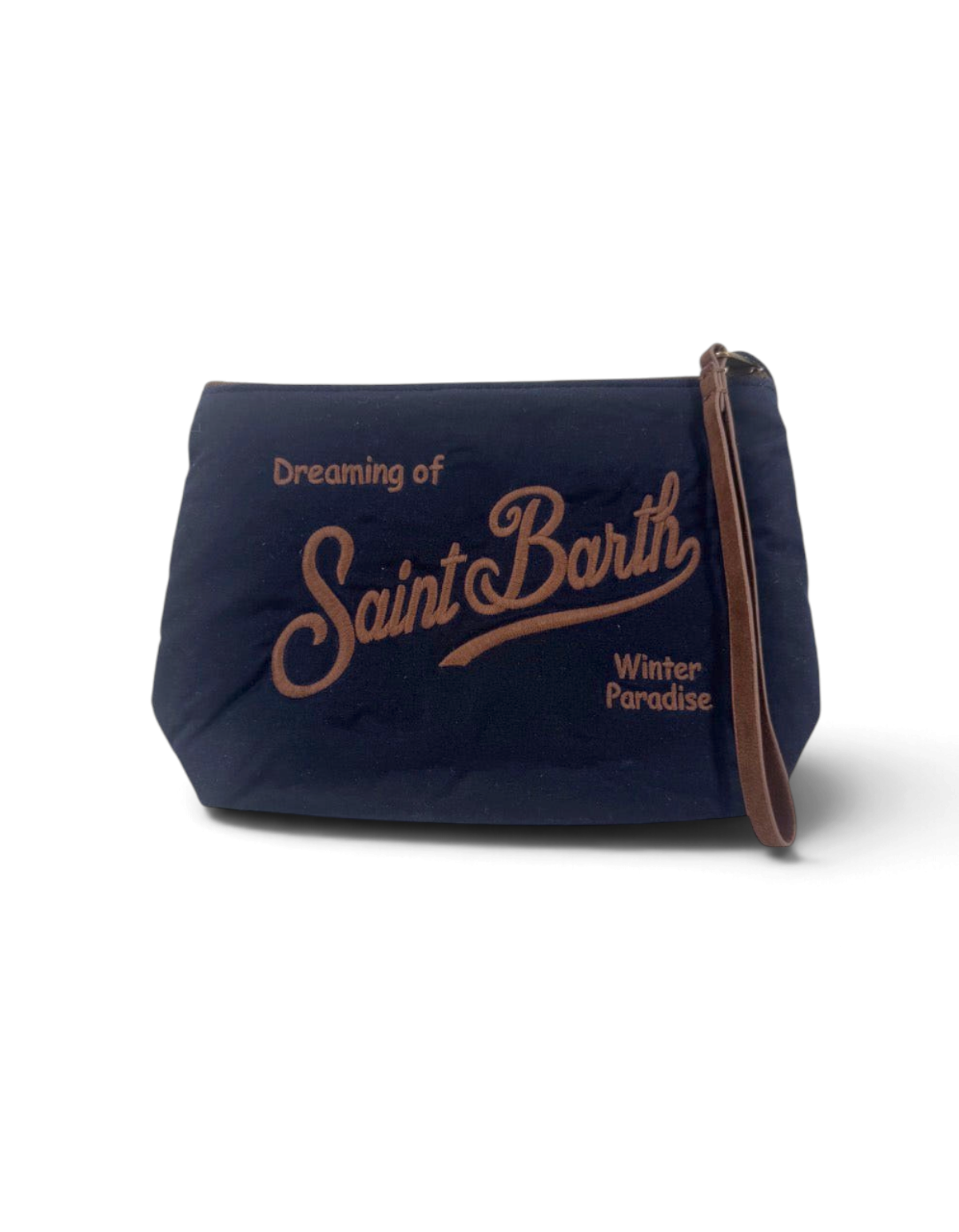 Pochette DevidLabel MC2 Saint Barth Aline Wax blu con logo ricamato marrone e tirante in pelle