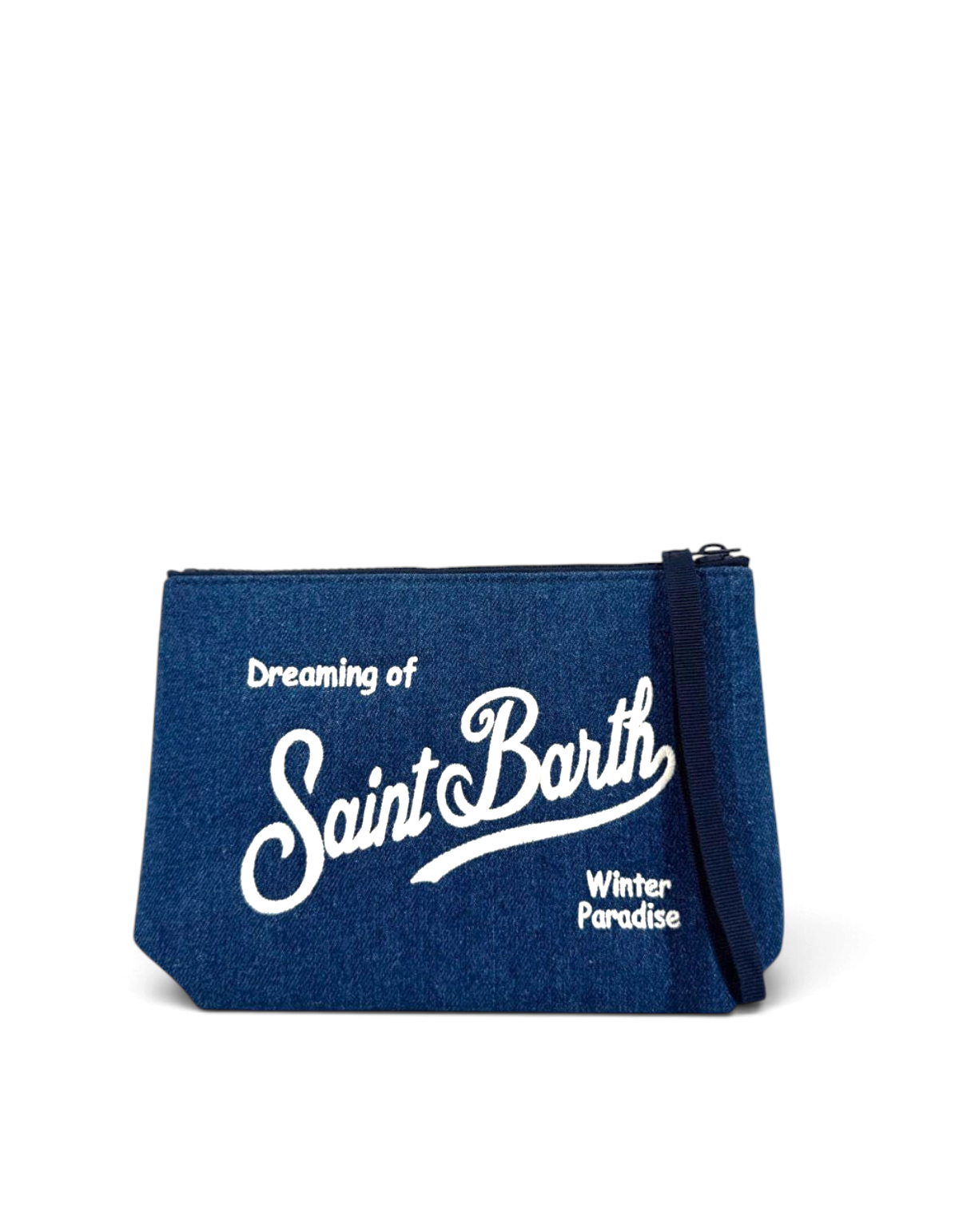 Pochette DevidLabel Aline in denim blu con logo Saint Barth bianco ricamato e chiusura a zip