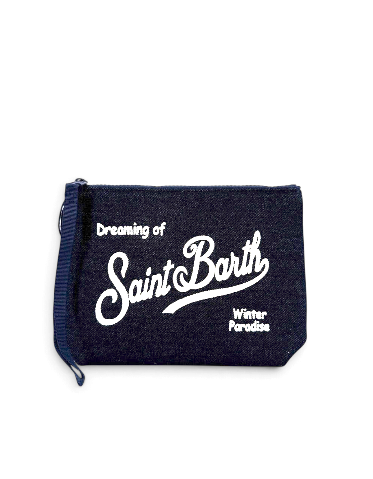 Pochette DevidLabel Aline in denim blu scuro con logo Saint Barth ricamato bianco e chiusura a zip