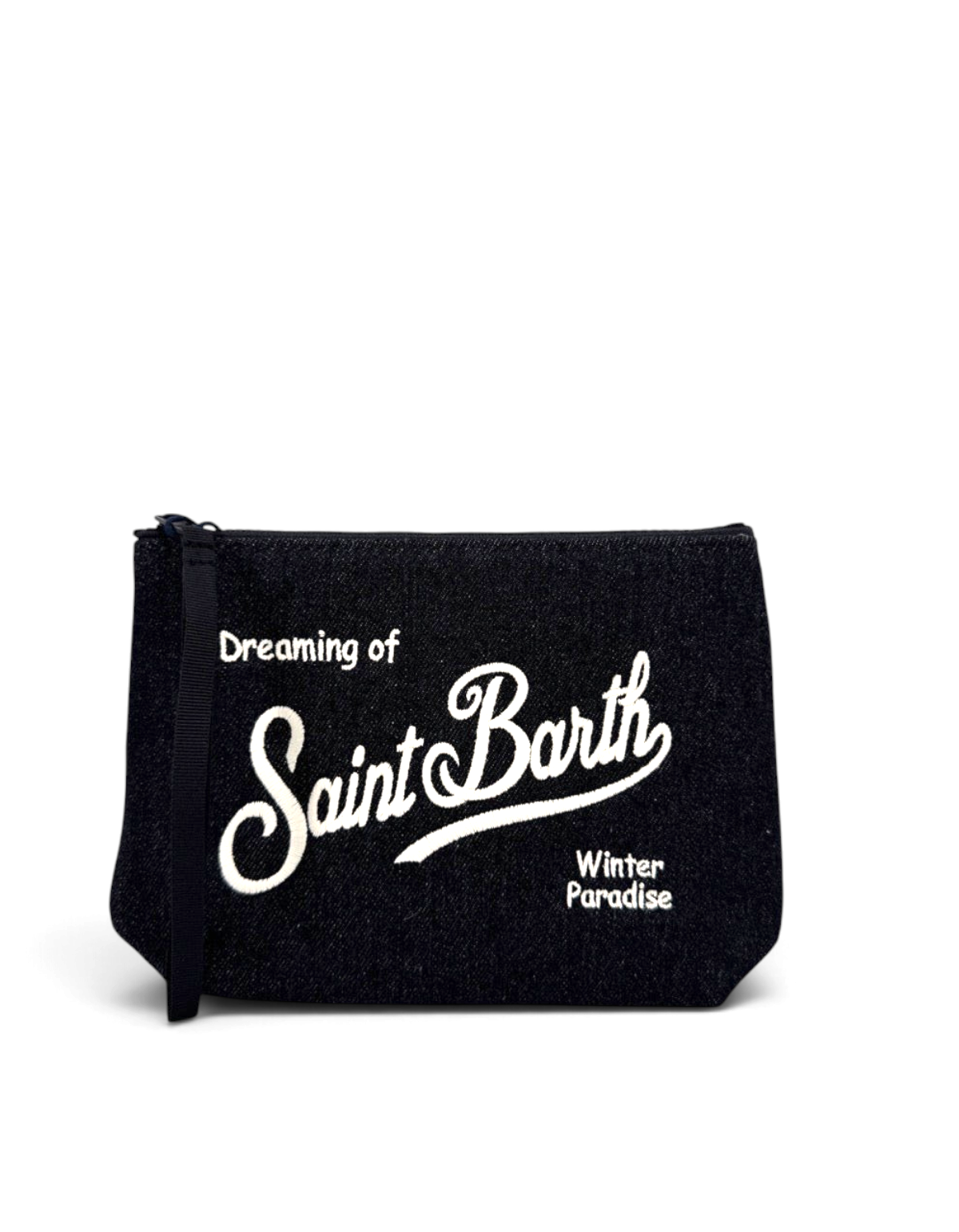 Pochette DevidLabel Aline in denim blu scuro con ricamo bianco Saint Barth e chiusura a zip