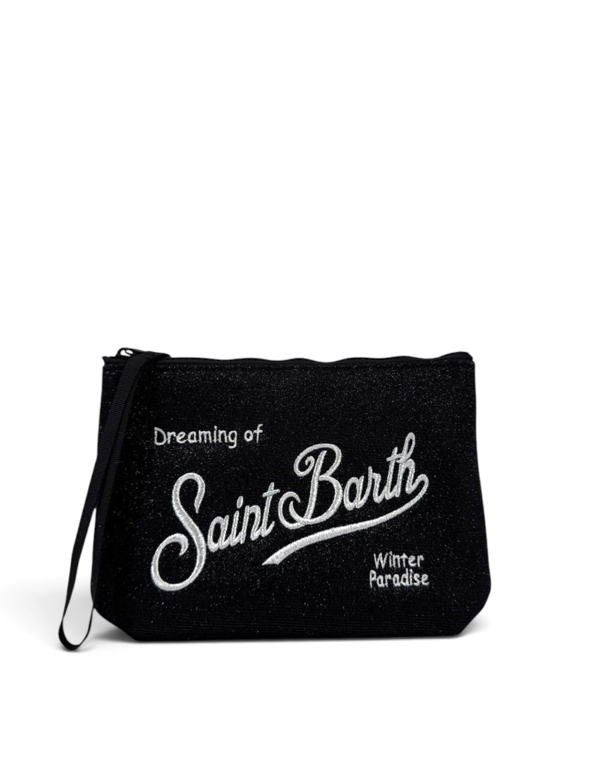Pochette DevidLabel MC2 Saint Barth Aline Lurex nera con ricamo bianco e chiusura a zip