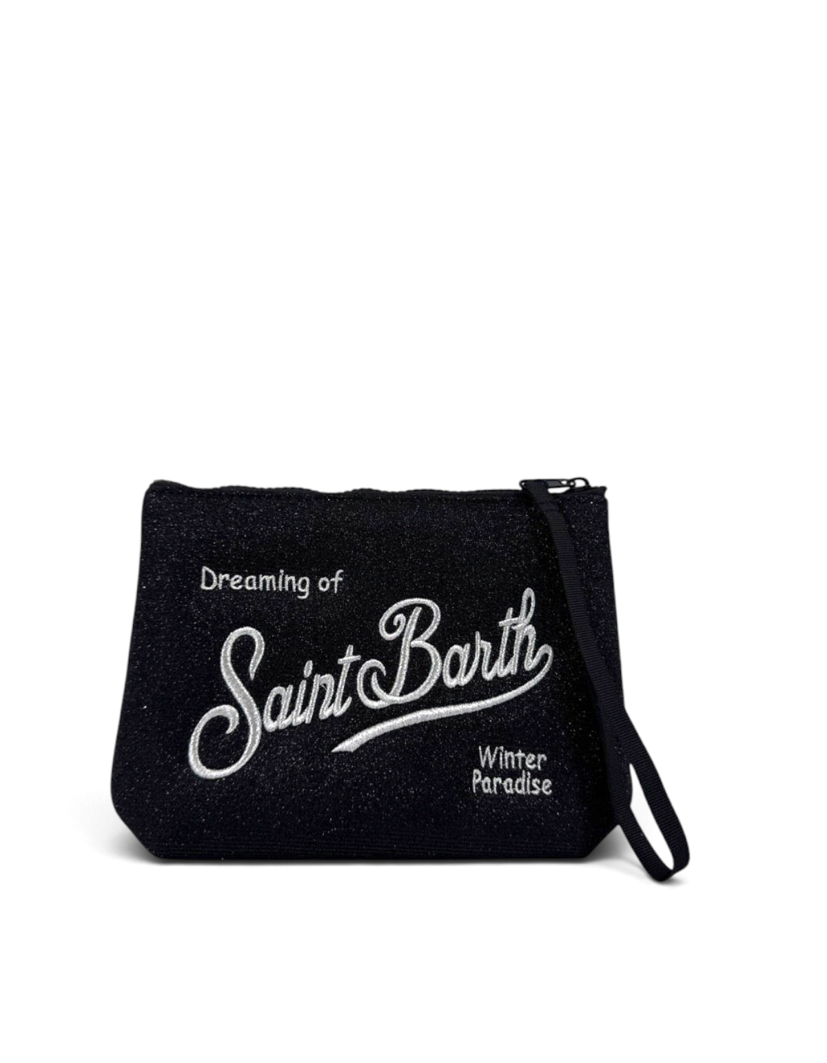 Pochette DevidLabel MC2 Saint Barth Aline Lurex nera con ricamo argento, chiusura a zip e cinturino da polso