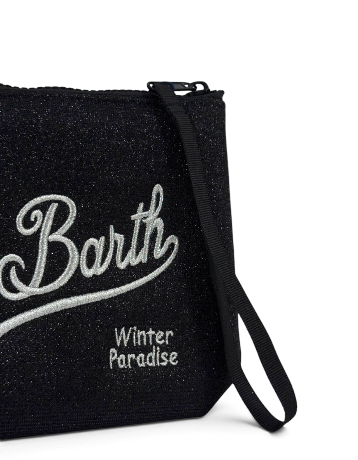 Pochette DevidLabel Aline Lurex nera con logo Saint Barth ricamato e chiusura a zip, ideale come clutch elegante.