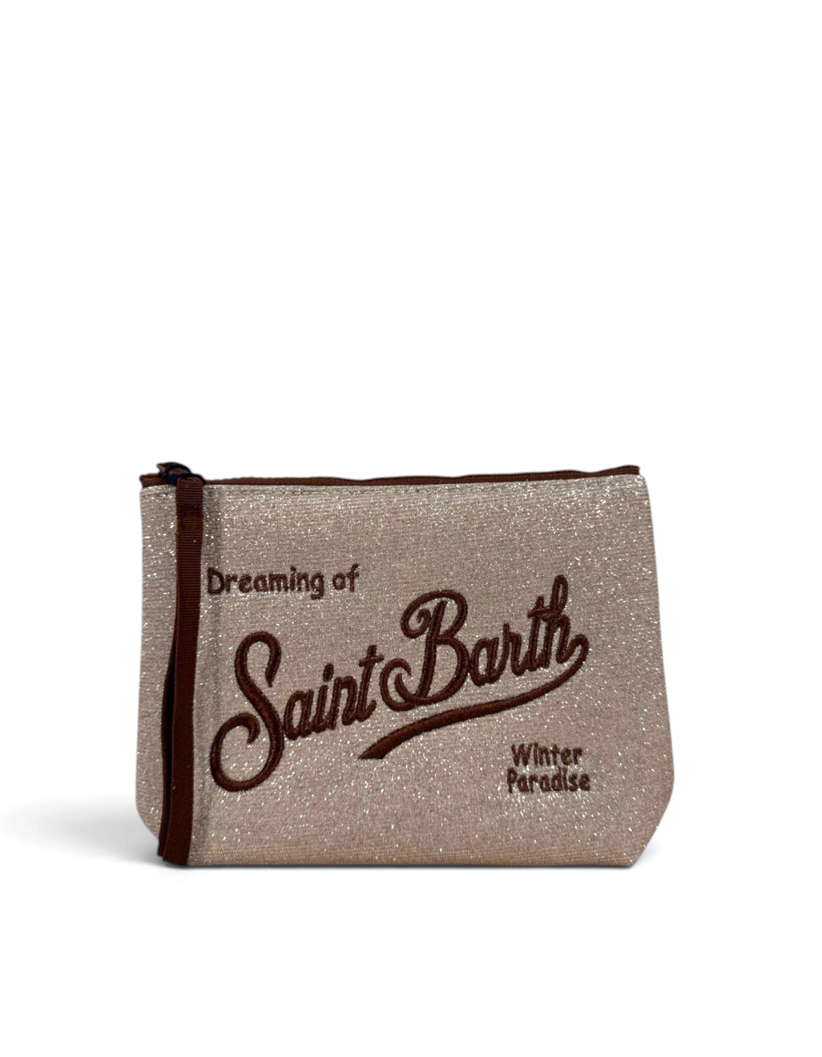 Pochette DevidLabel MC2 Saint Barth Aline Lurex color champagne con ricamo marrone e chiusura a zip