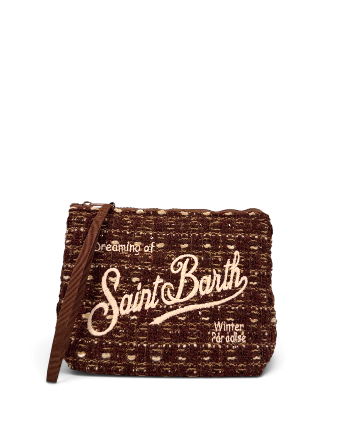 Pochette DevidLabel Aline Tweed marrone con ricamo Saint Barth e chiusura a zip, ideale come organizer o clutch.
