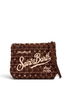 Pochette DevidLabel Aline Tweed marrone con logo ricamato Saint Barth e chiusura a zip