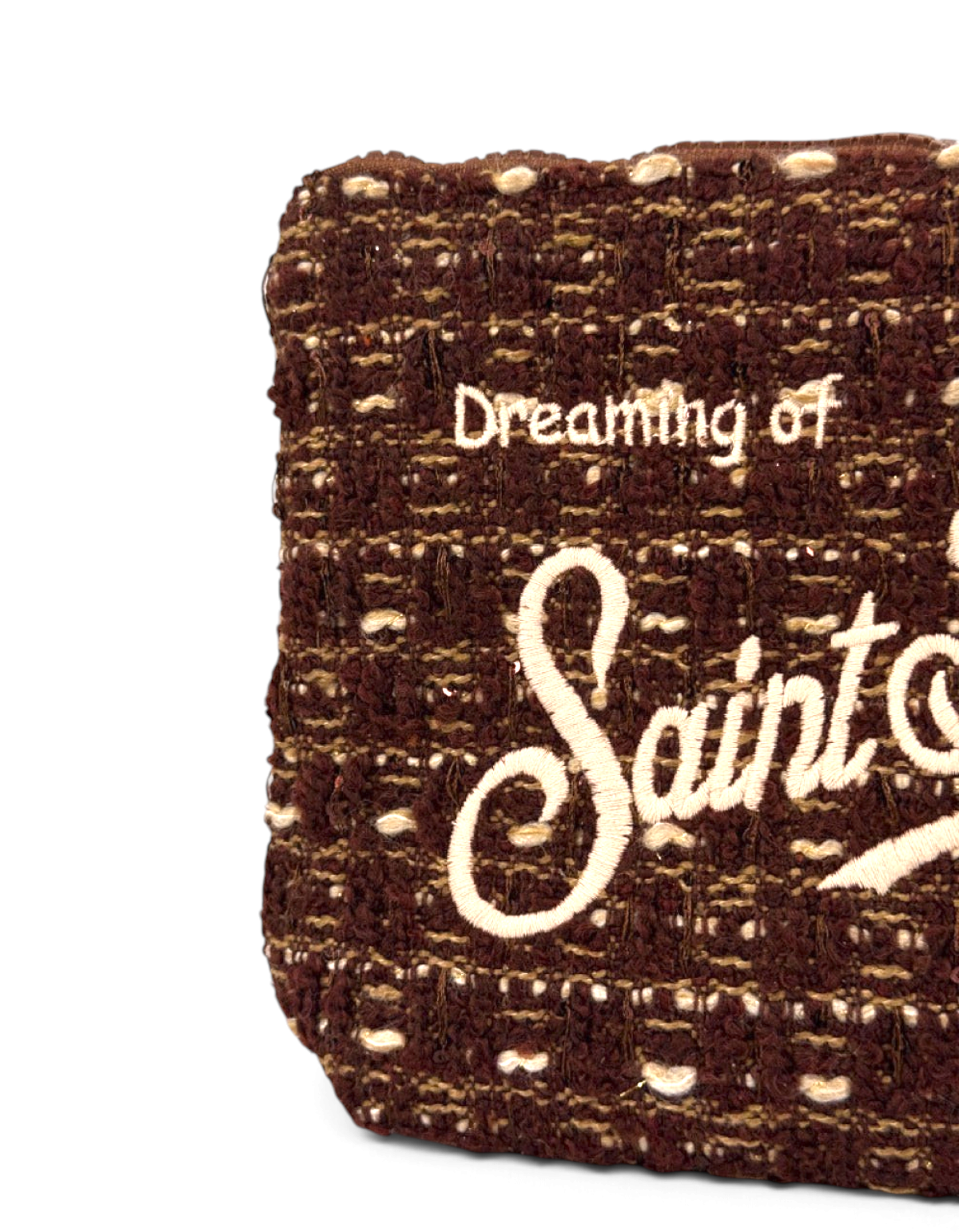 Pochette DevidLabel Aline Tweed 1811 Emb in tessuto marrone con ricamo a contrasto e chiusura a zip