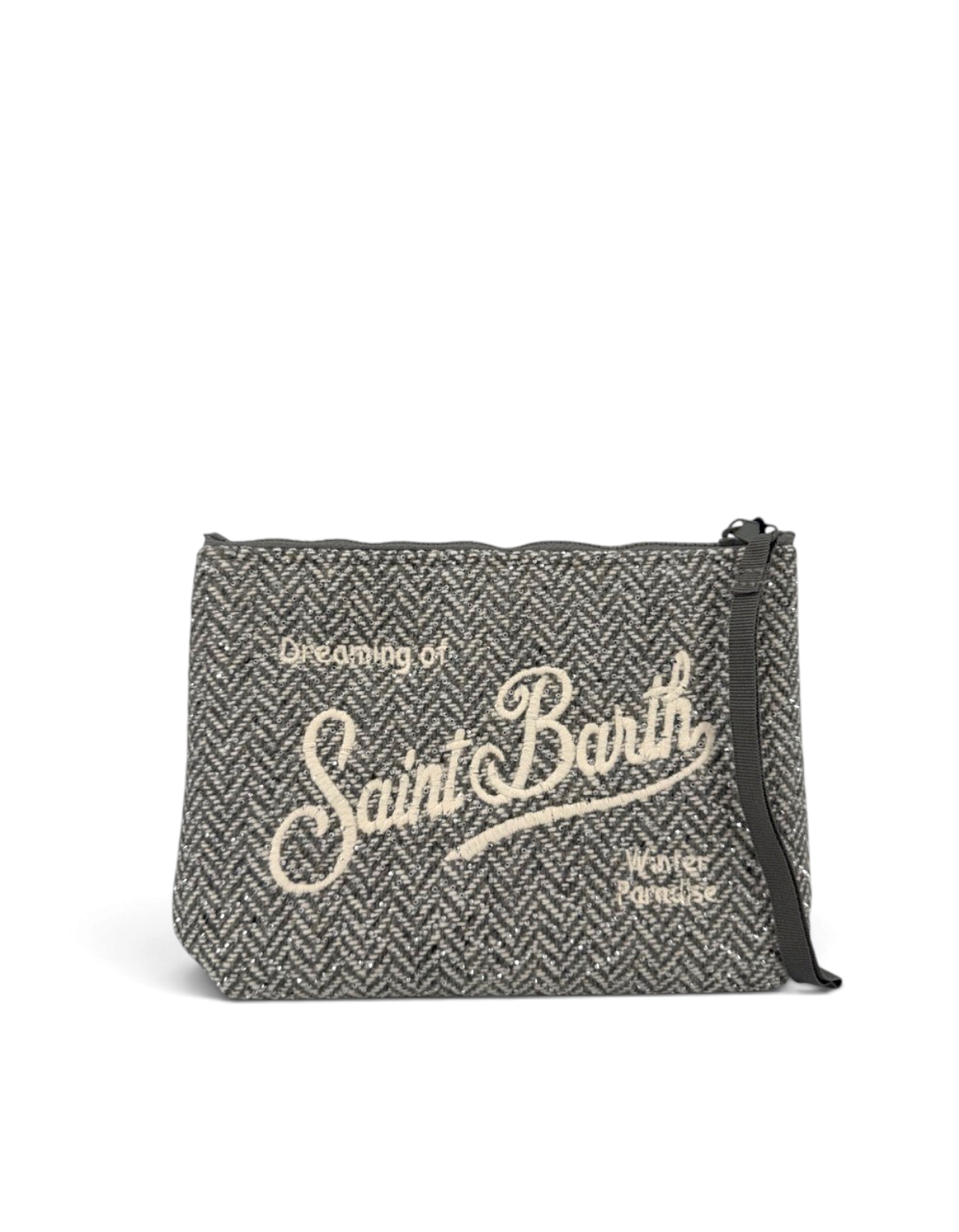 Pochette DevidLabel Aline in lana grigia con motivo a spina di pesce, logo ricamato e dettagli in strass