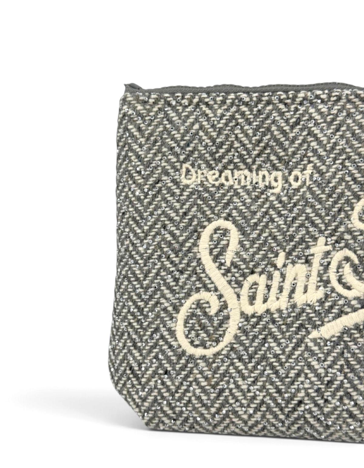 Pochette DevidLabel Aline in lana grigia con motivo a spina di pesce, ricamo Saint Barth e dettagli in strass