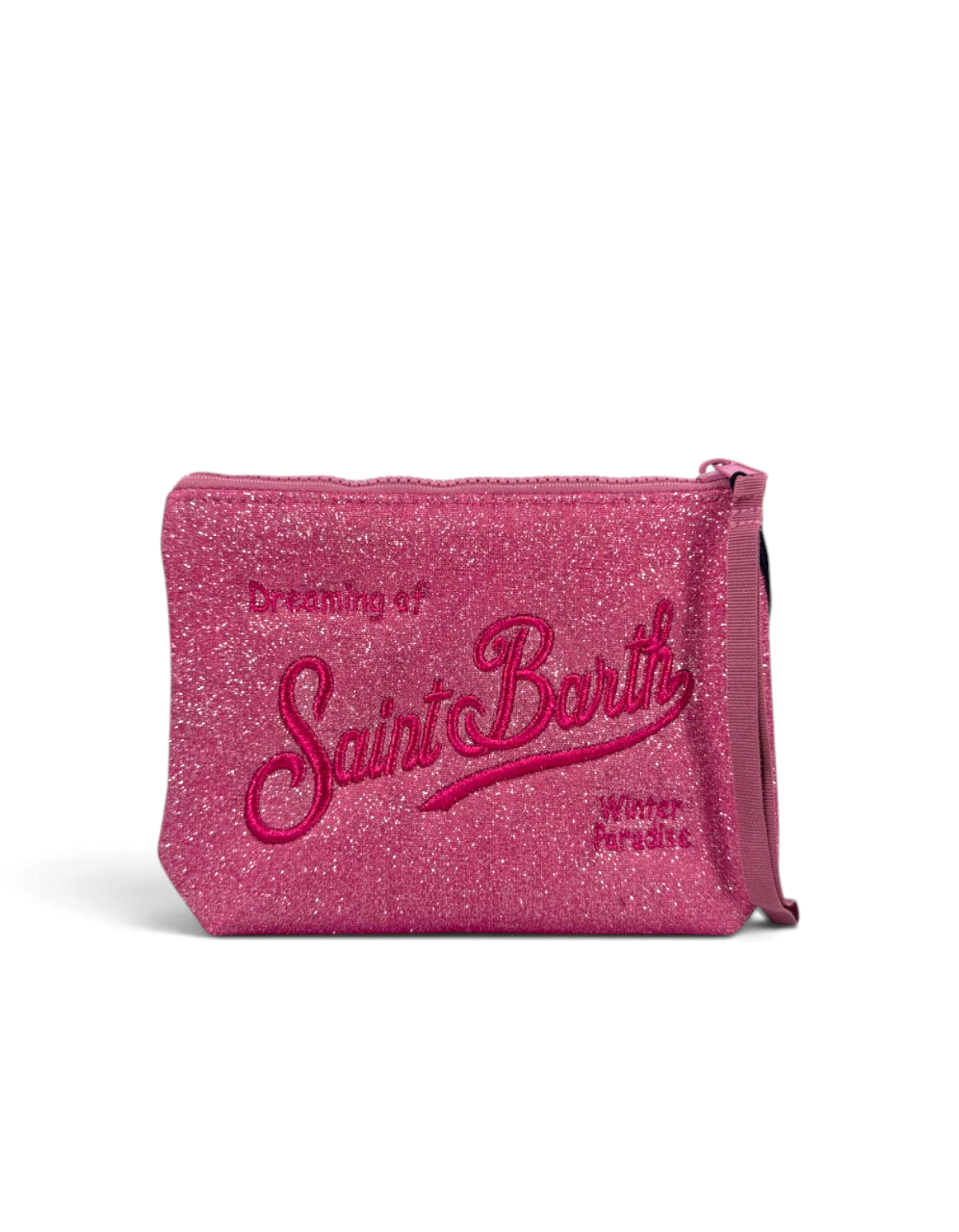 Pochette DevidLabel MC2 Saint Barth Aline Lurex fucsia glitterata con ricamo e chiusura a zip