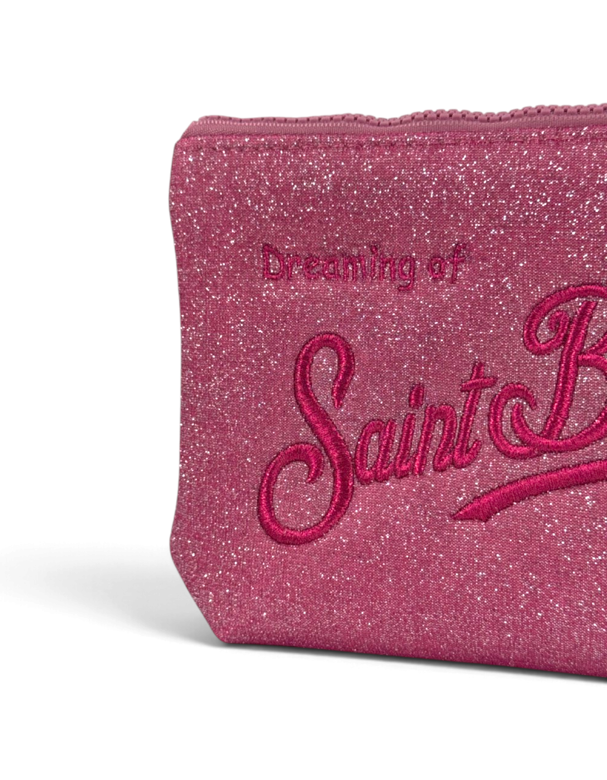 Pochette DevidLabel Aline Lurex rosa glitterata con ricamo Saint Barth e chiusura a zip