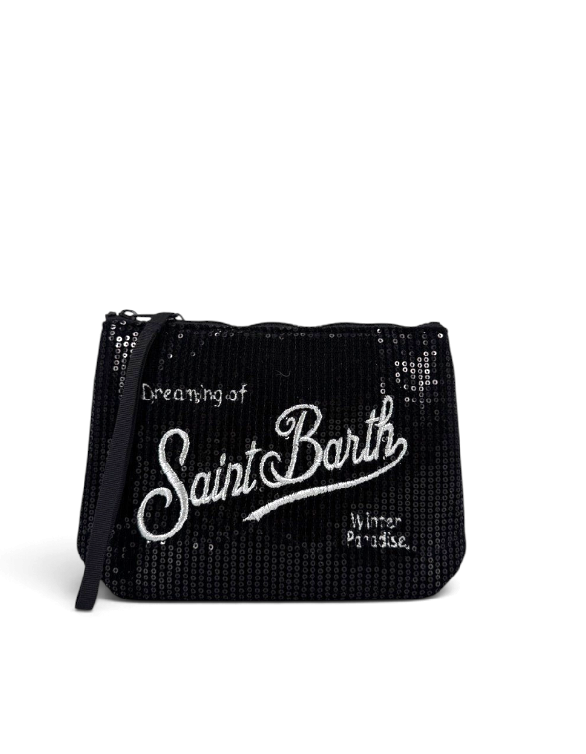 Pochette DevidLabel MC2 Saint Barth Aline in velluto nero con paillettes e ricamo bianco, chiusura con zip