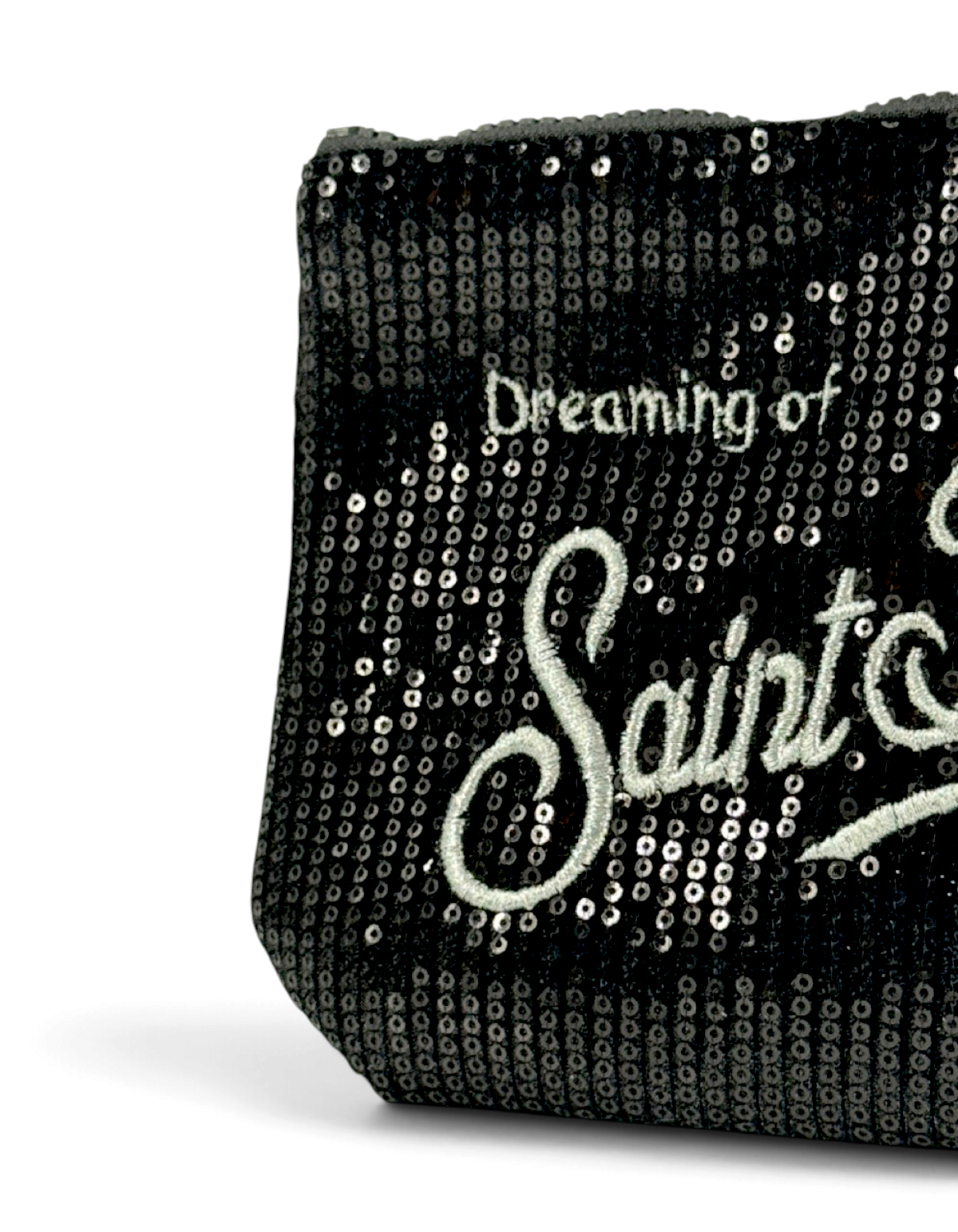 Pochette DevidLabel Aline in velluto nero con paillettes e ricamo bianco Dreaming of Saint Barth