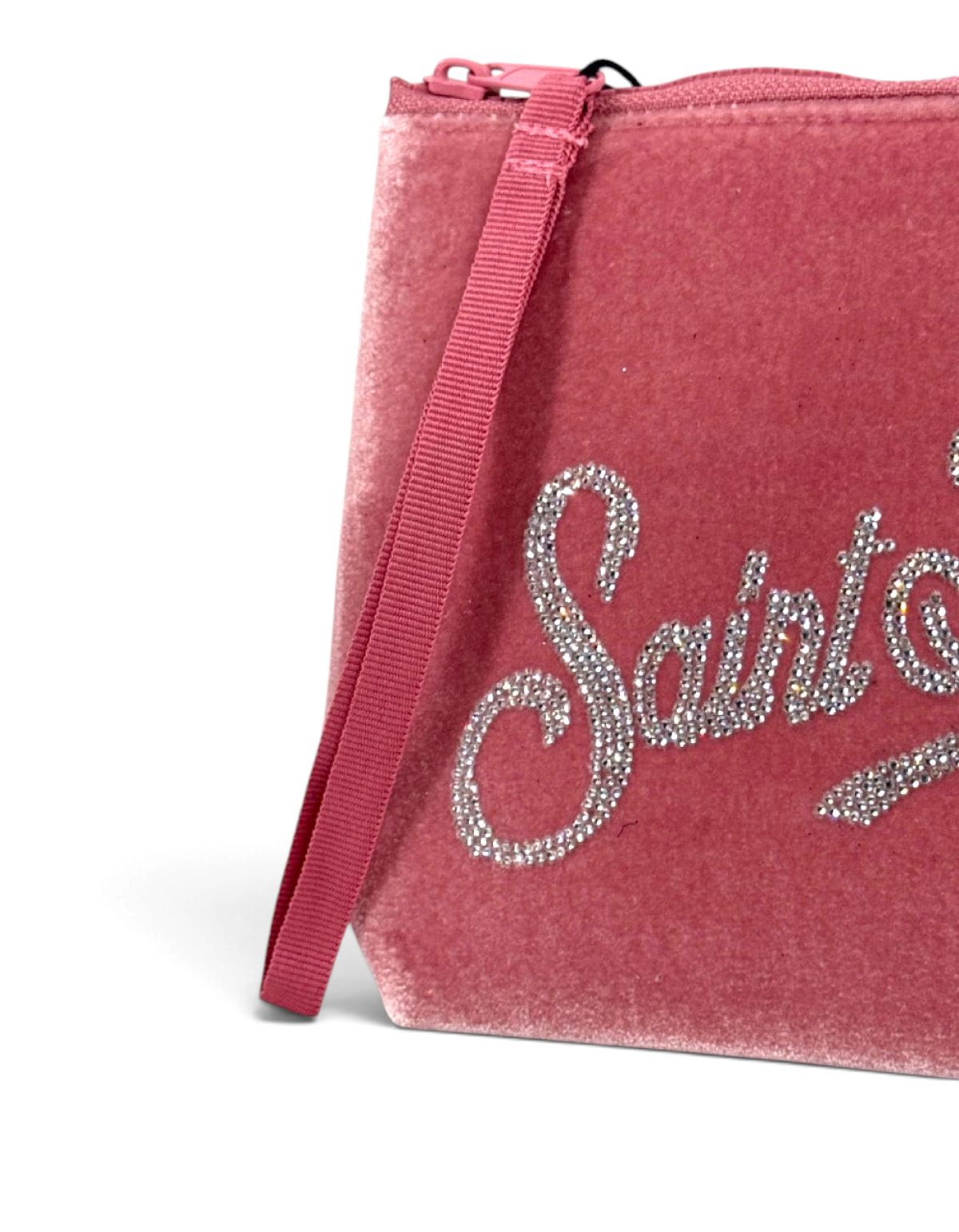 Pochette DevidLabel Aline Velvet rosa in velluto con logo Saint Barth decorato da strass brillanti e tirante