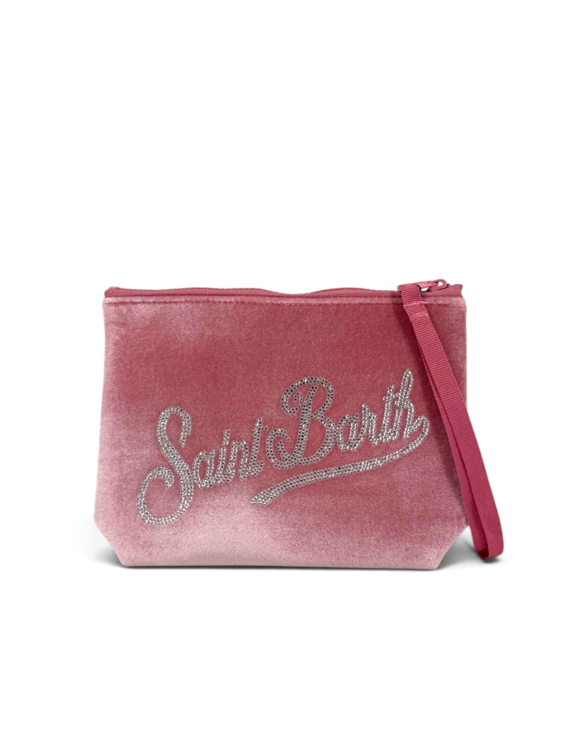 Pochette DevidLabel Aline Velvet rosa in velluto con logo Saint Barth in strass e chiusura a zip