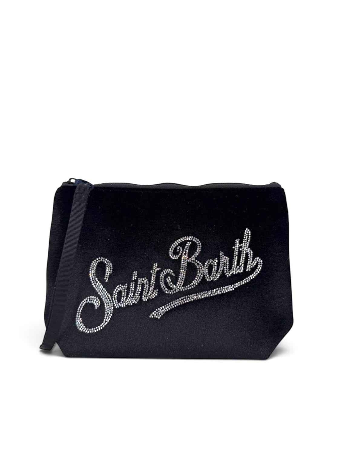 Pochette DevidLabel MC2 Saint Barth Aline in velluto nero con logo ricamato in strass e chiusura a zip