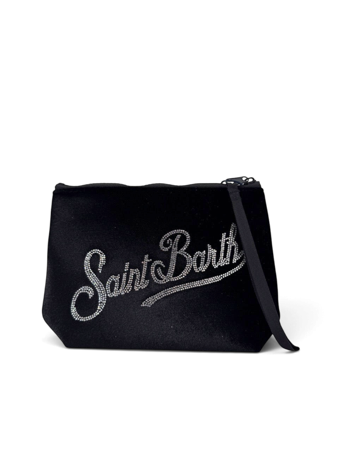 Pochette DevidLabel Aline in velluto nero con logo Saint Barth decorato da strass luminosi e chiusura a zip