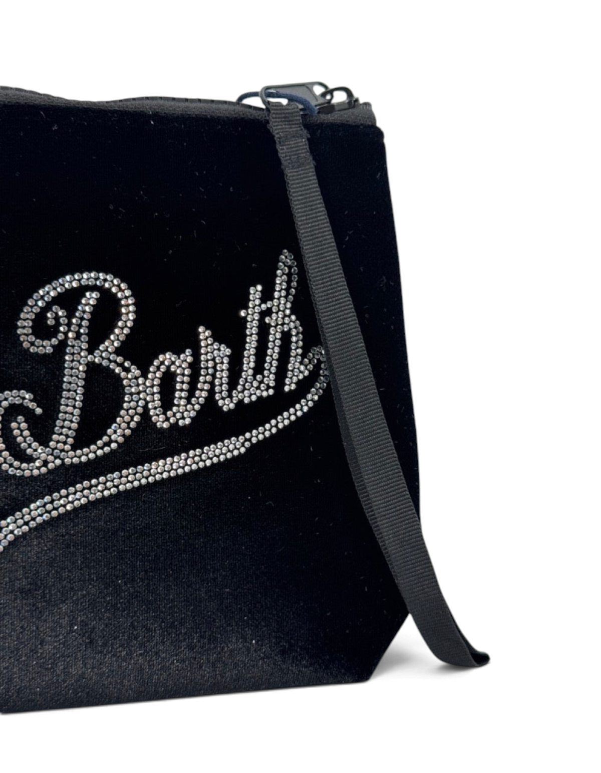 Pochette DevidLabel Aline in velluto nero con logo Saint Barth decorato da strass luminosi e chiusura con zip