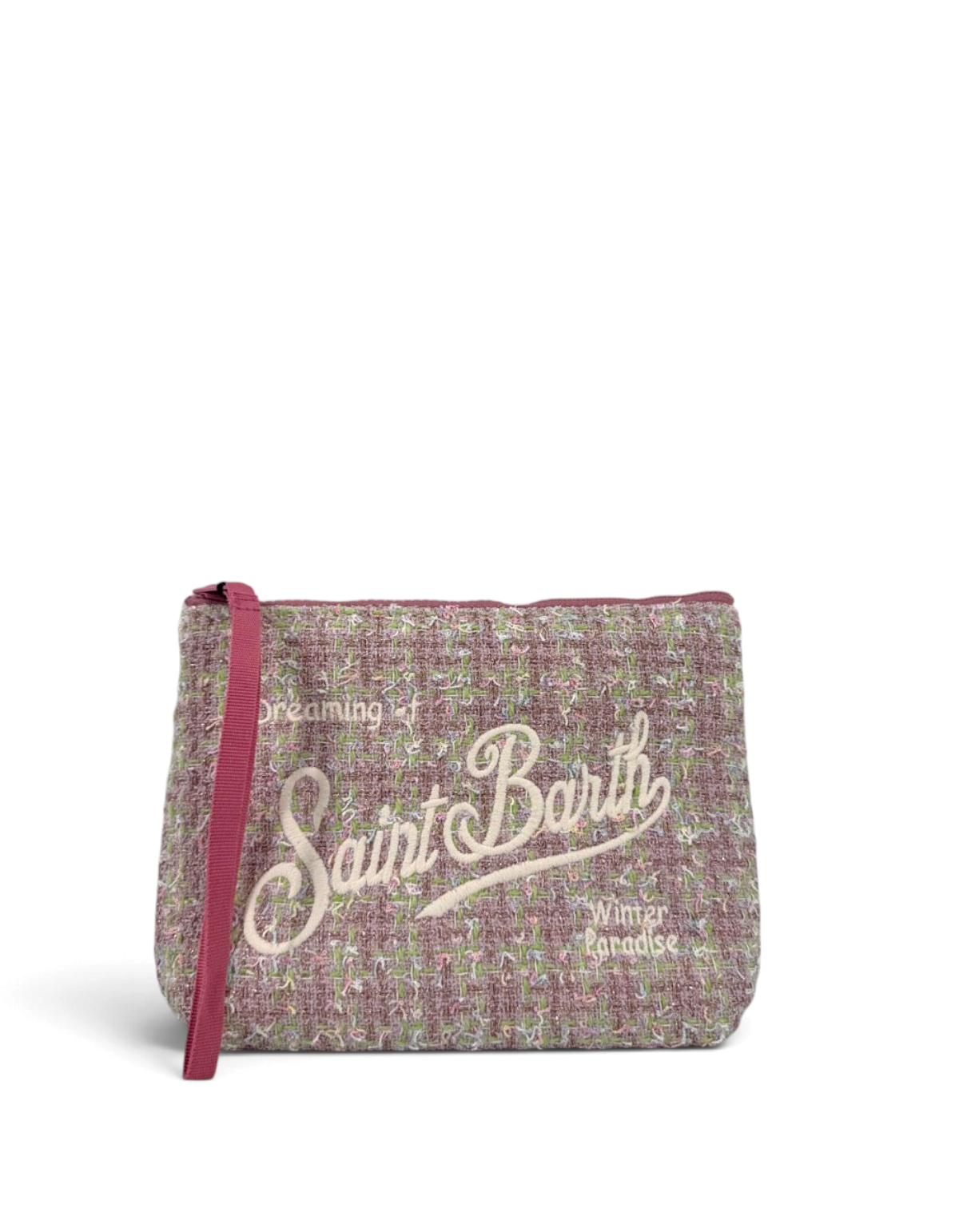 Pochette DevidLabel MC2 Saint Barth Aline in tweed multicolore con logo ricamato e chiusura a zip rosa