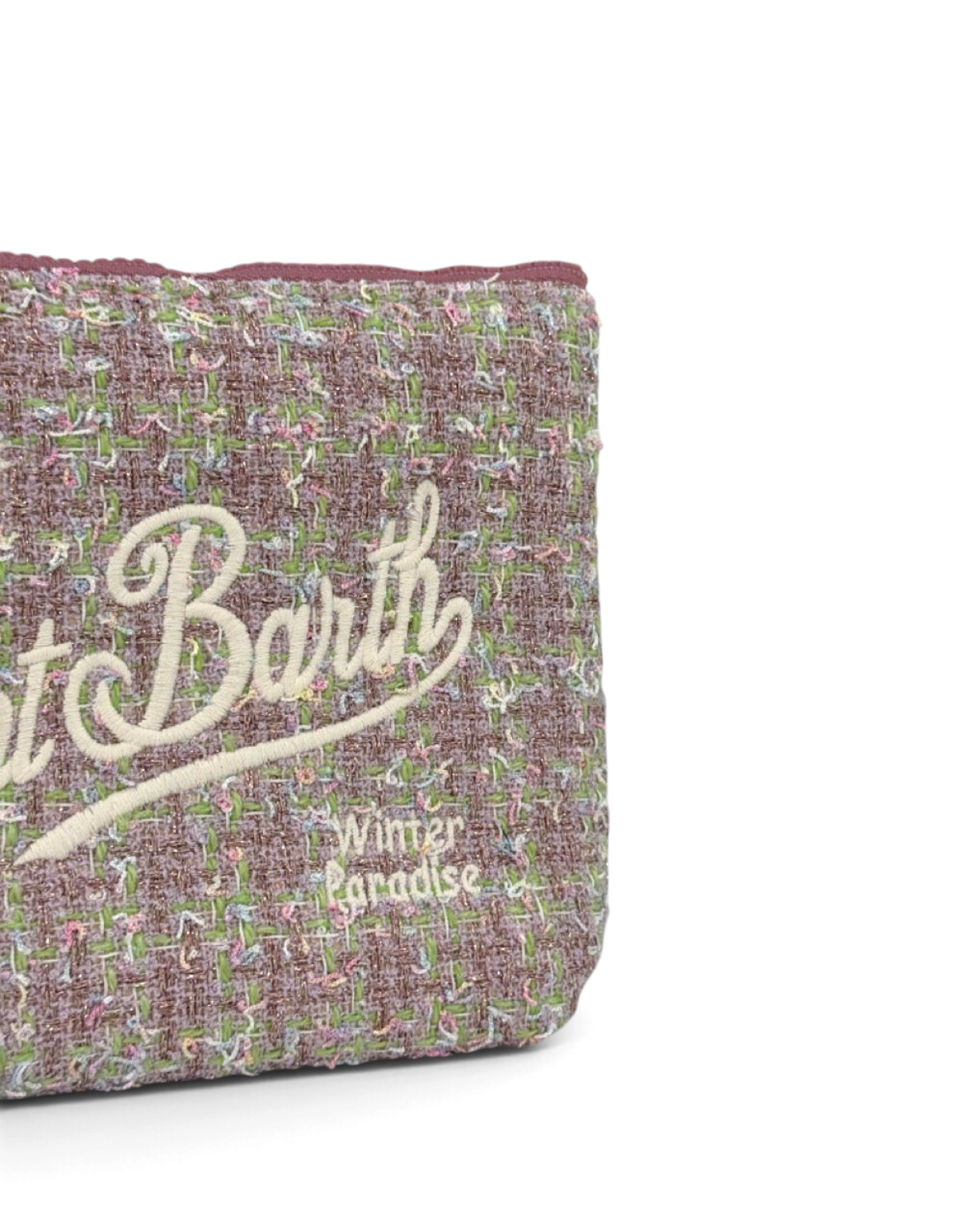 Pochette DevidLabel MC2 Saint Barth Aline in tweed multicolore con ricamo logo e chiusura a zip