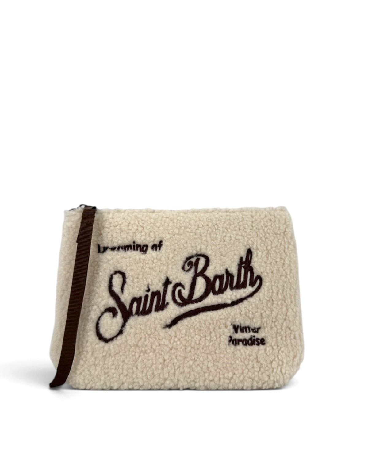 Pochette DevidLabel Aline Teddy in tessuto effetto lana color crema con ricamo marrone e chiusura a zip