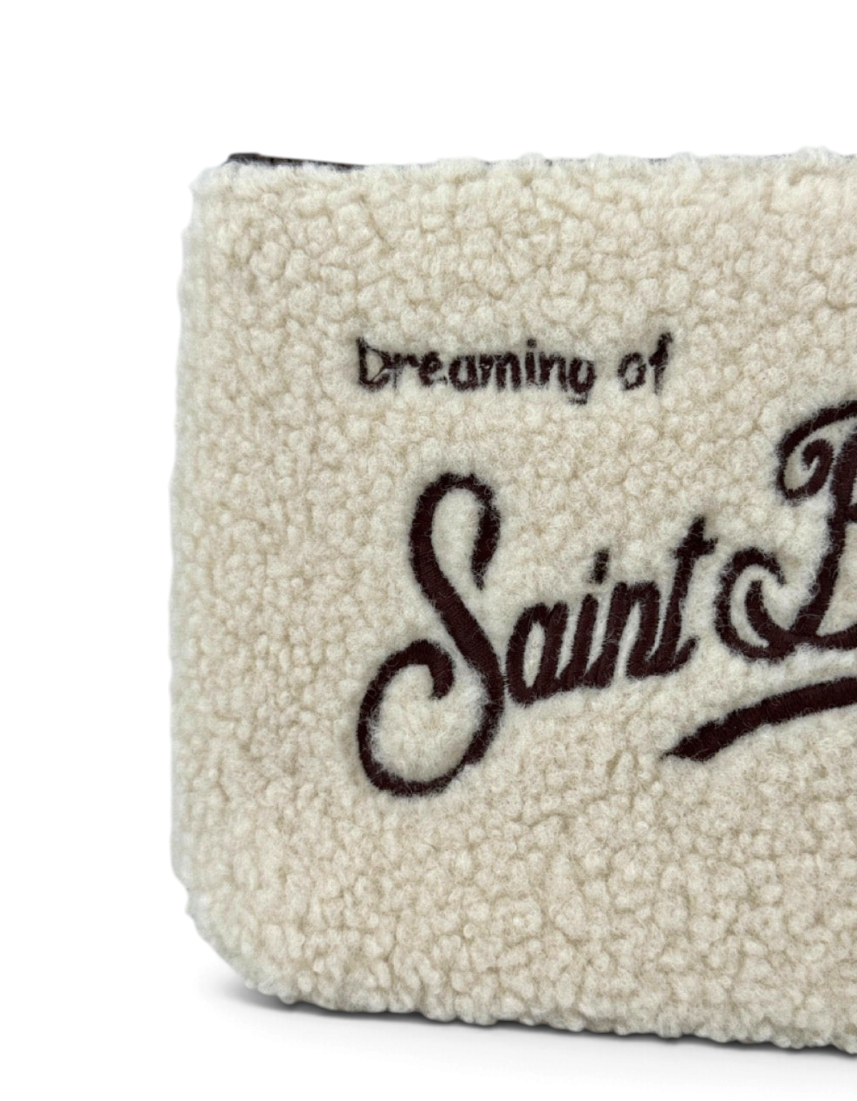 Pochette DevidLabel Aline Teddy in morbido tessuto effetto lana color crema con logo Saint Barth ricamato