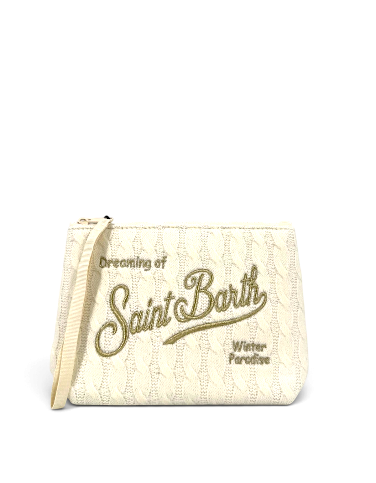 Pochette DevidLabel Aline Tricot in maglia color crema con ricamo dorato Saint Barth e chiusura a zip