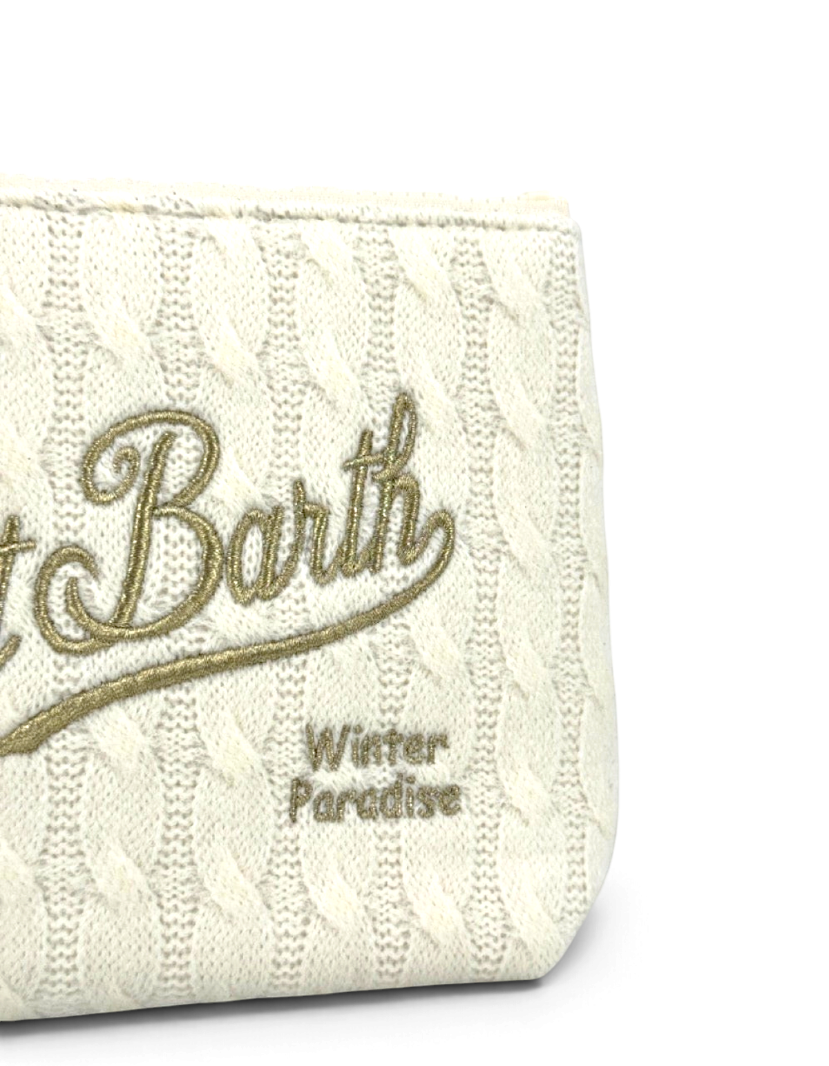 Pochette DevidLabel Aline Tricot in maglia color crema con logo Saint Barth ricamato in oro e trama a trecce
