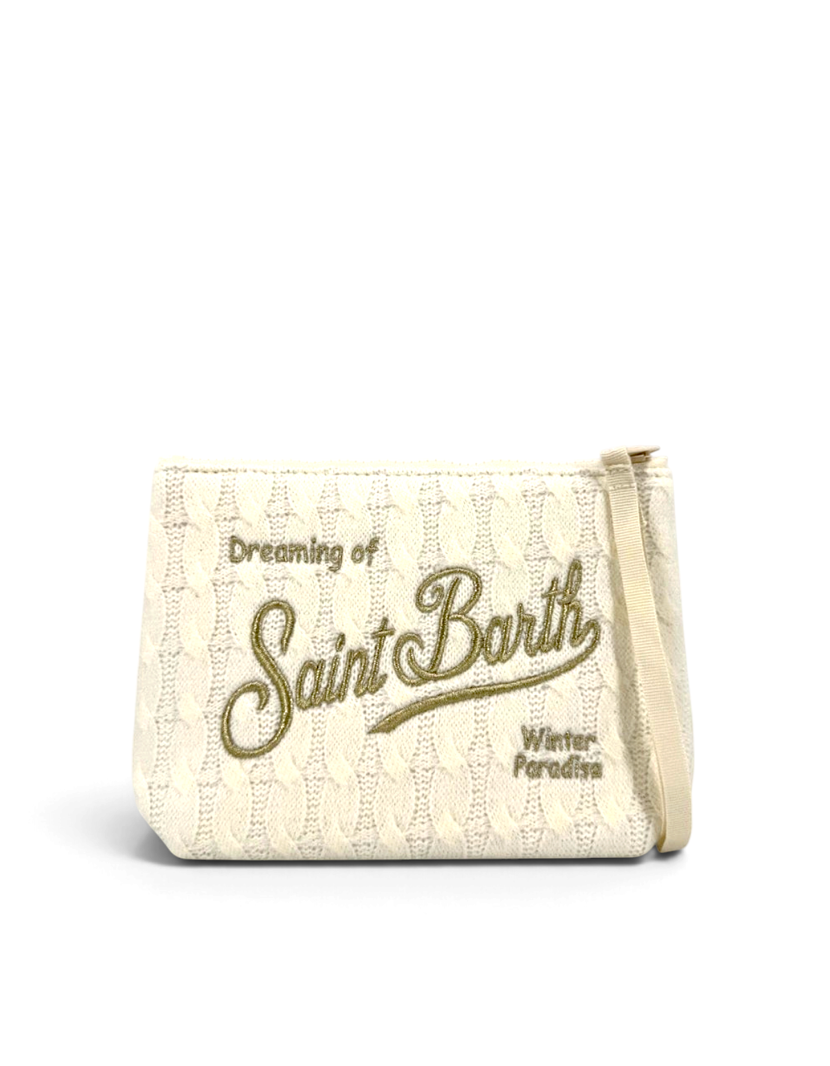 Pochette DevidLabel MC2 Saint Barth Aline in maglia tricot color crema con ricamo dorato e chiusura a zip