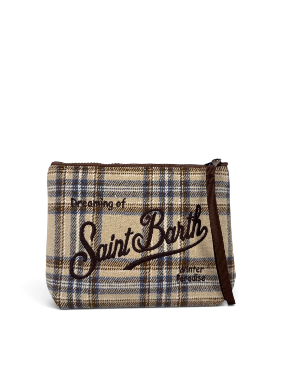 Pochette DevidLabel Aline in lana fantasia tartan beige e blu con logo Saint Barth ricamato e chiusura a zip