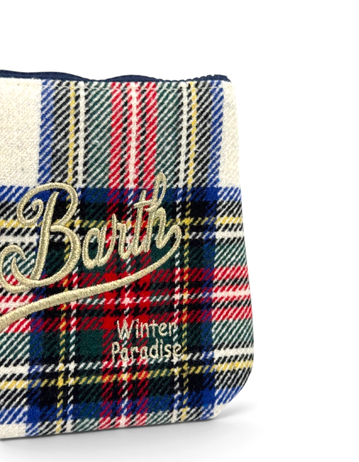Pochette DevidLabel Aline in lana con motivo tartan multicolore, logo ricamato e scritta Winter Paradise