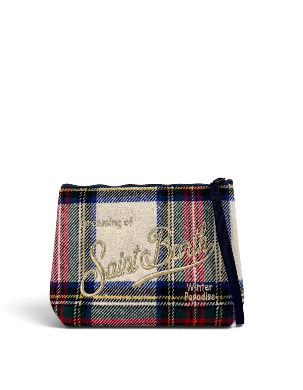 Pochette DevidLabel Aline in lana tartan con ricamo dorato Saint Barth e chiusura a zip