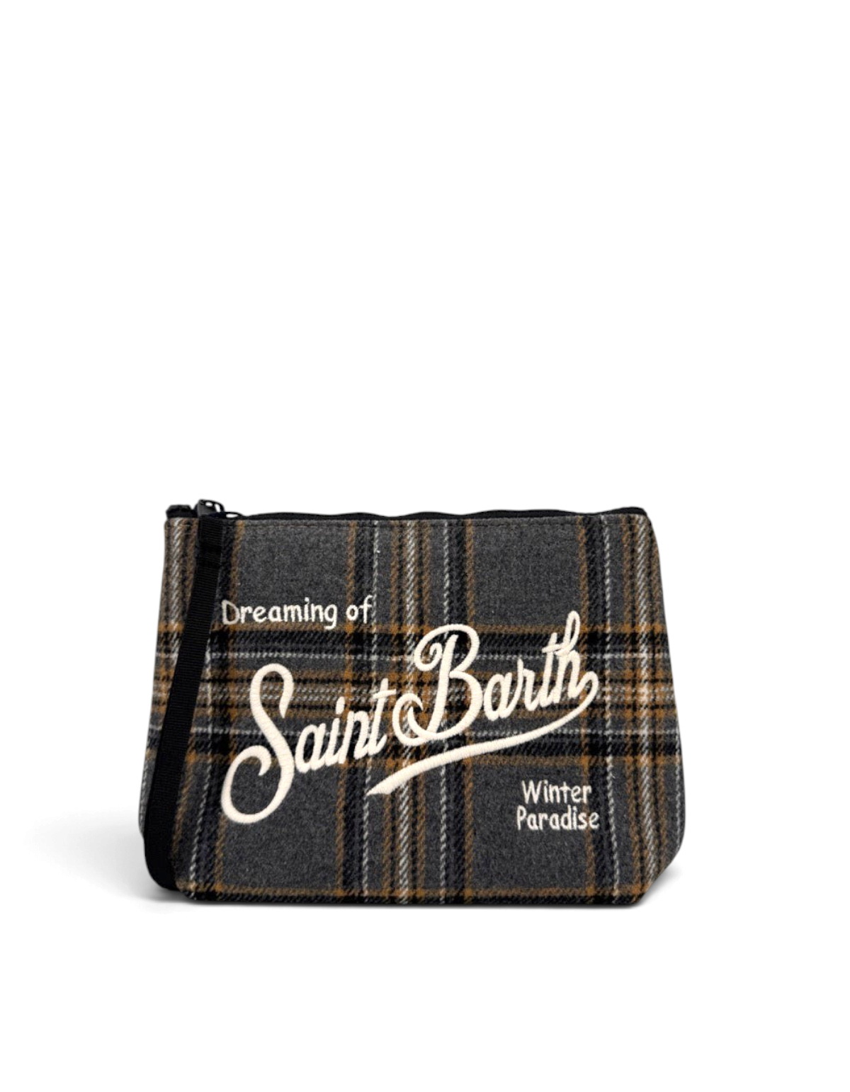 Pochette DevidLabel Aline in lana tartan grigia con ricamo bianco e chiusura a zip