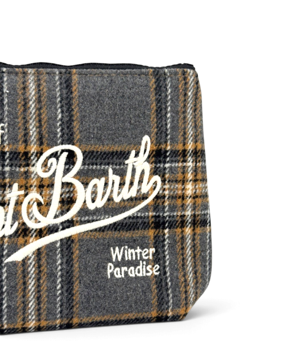 Pochette DevidLabel MC2 Saint Barth Aline in lana tartan grigia e marrone con logo ricamato e chiusura a zip